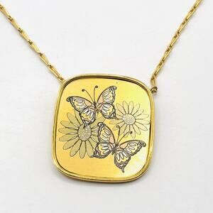 VTG Reed & Barton Damascene Butterflies And Daisies Pendant Necklace Gold Tone